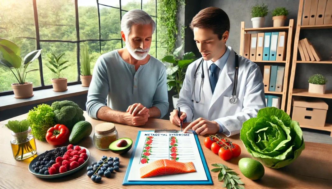 Nutritionist reviewing a metabolic syndrome diet plan with a patient and healthy whole foods on a consultation table