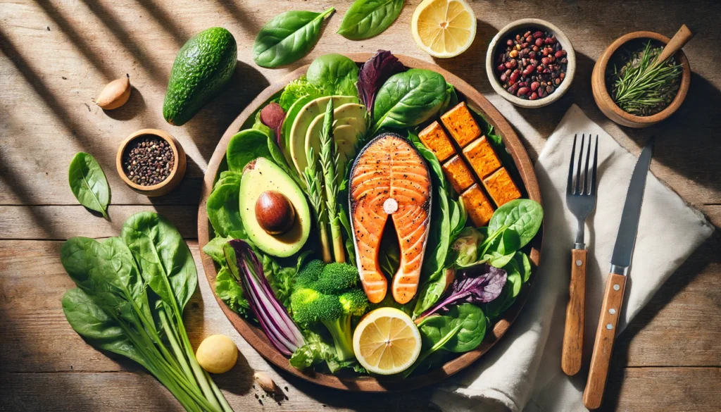 Clean, balanced metabolic syndrome diet meal with salmon, greens, avocado, and anti-inflammatory foods
