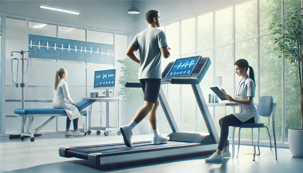 Patient engaging in supervised exercise therapy for metabolic syndrome in a modern wellness clinic