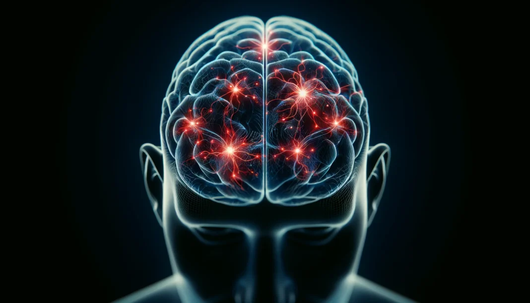 Human profile fading into shadows with abstract neural sparks and word fragments, representing the five words you pronounce wrong before dementia.