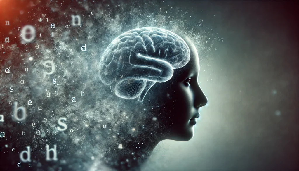 Stylized brain map with fading Broca’s and Wernicke’s areas and speech wave overlays symbolizing five words you pronounce wrong before dementia.
