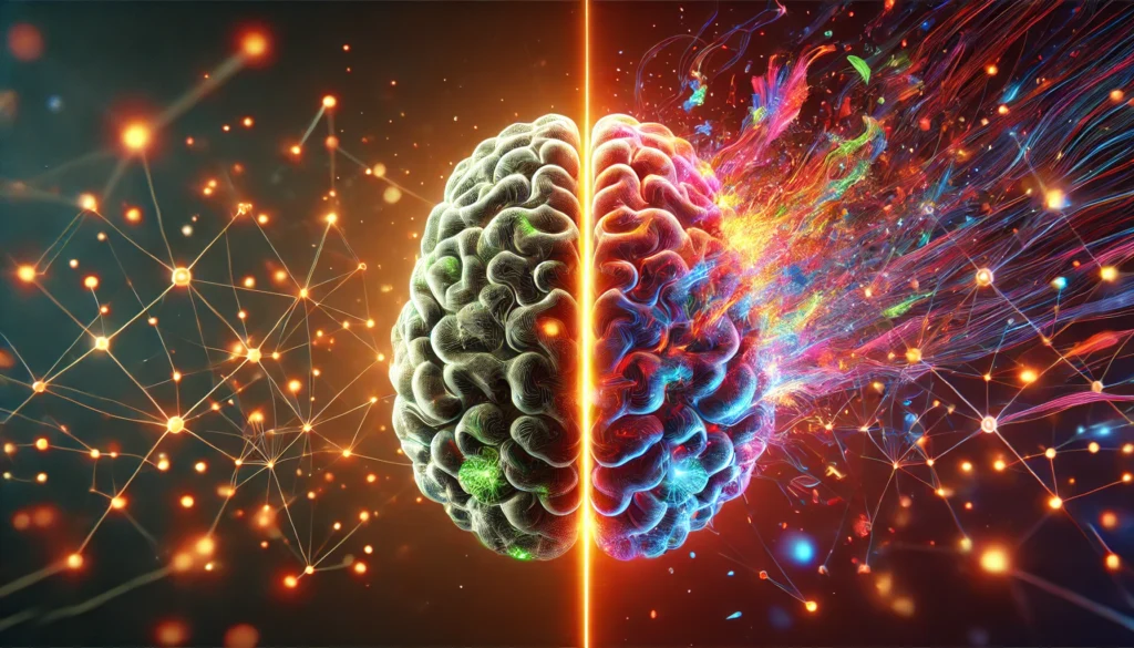 Split image showing a functioning and a deteriorating brain side-by-side, emphasizing five words you pronounce wrong before dementia.