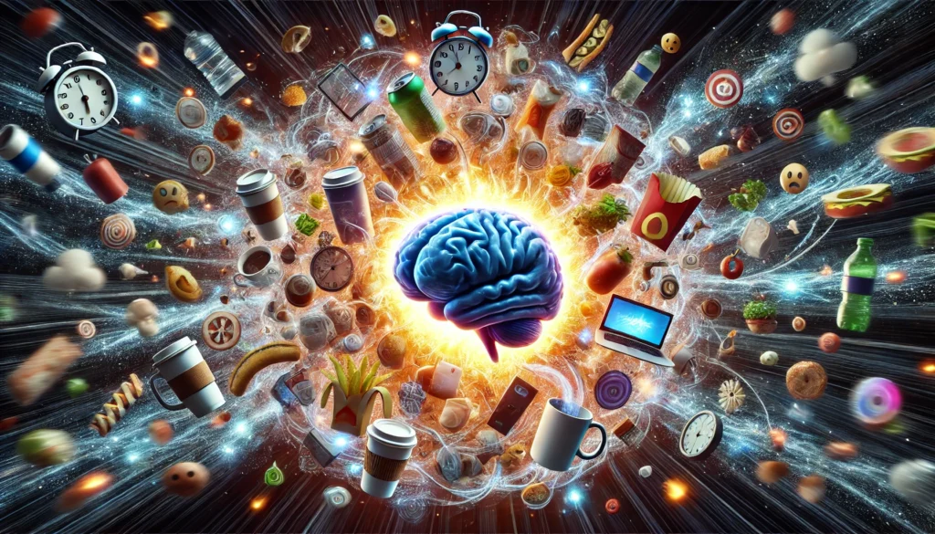 Visual storm of stress triggers like screens and caffeine attacking the mind to explain why my brain is fried