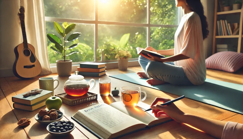 Calm person journaling in sunlight with brain-healthy foods and yoga setup for recovery from my brain is fried