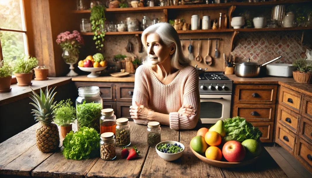 Elderly woman with natural foods and herbs exploring natural remedies for dementia in a sunlit kitchen.