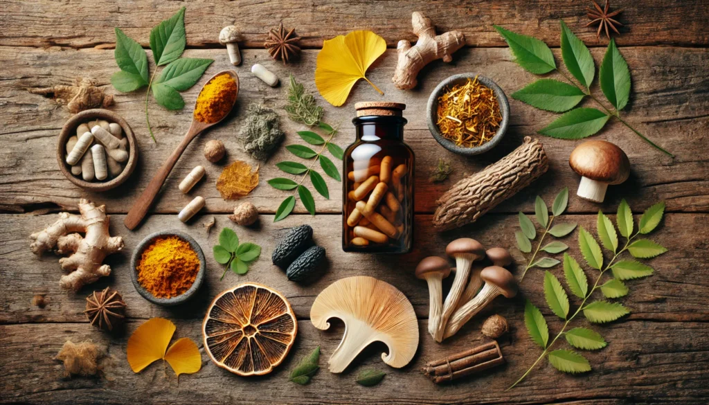 Herbal supplements including turmeric and ginkgo displayed as natural remedies for dementia.