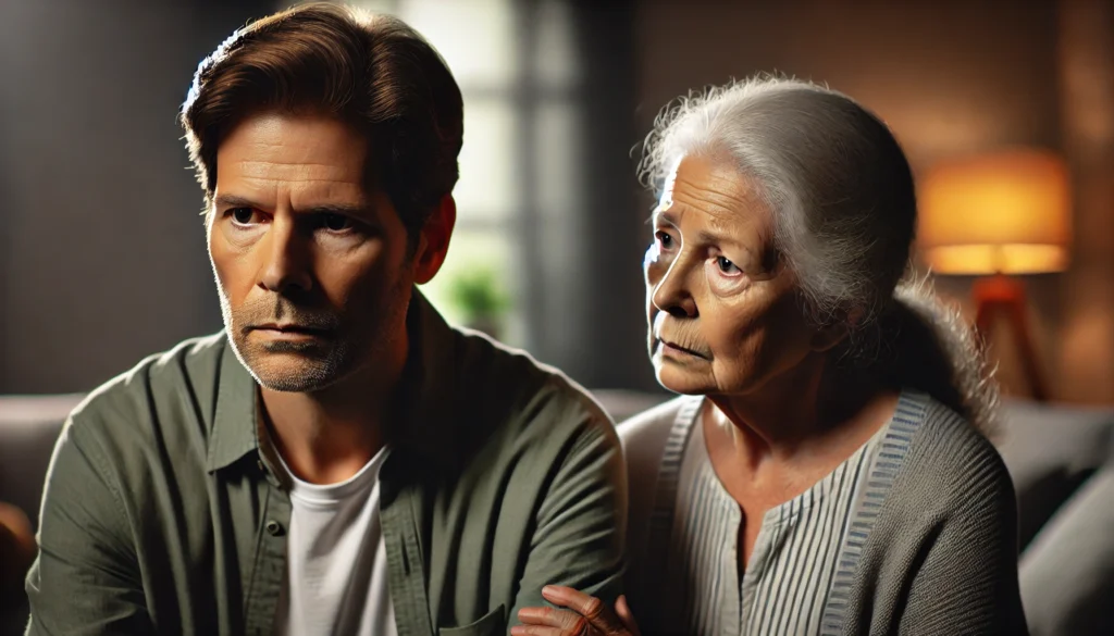 Elderly person exhibiting early behavioral shifts associated with dementia while being watched by a concerned caregiver.
