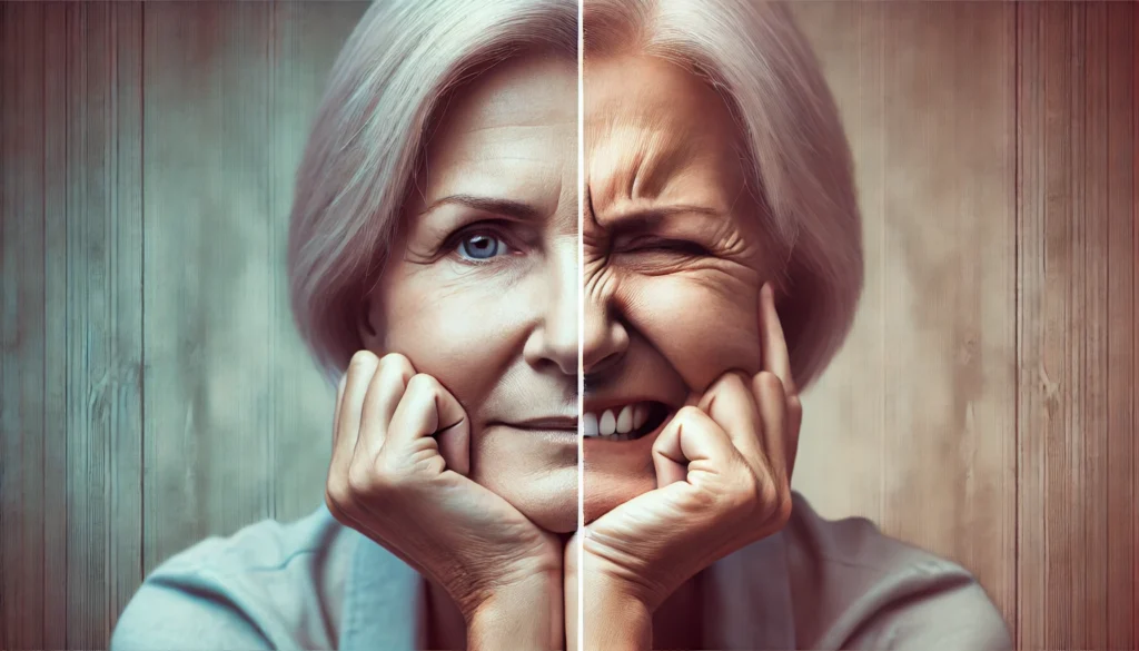 Split-screen showing mood variations in an elderly person to illustrate how irritability may indicate dementia.