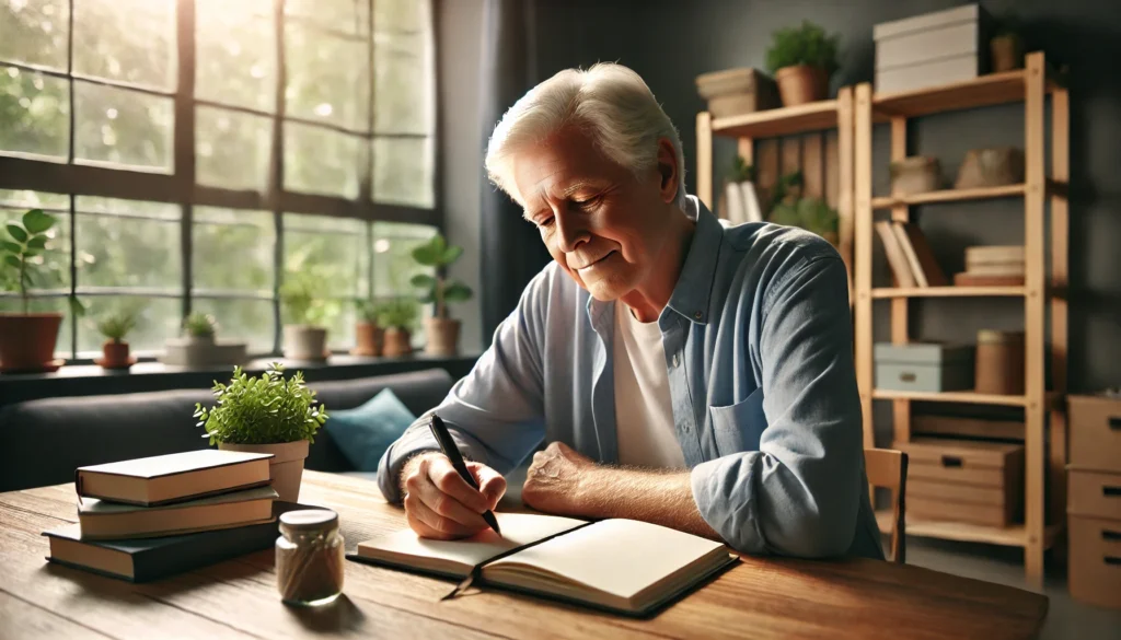 Elderly person writing reflectively in a journal, representing early recognition of dementia symptoms and empowered care.
