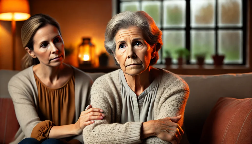 Woman showing early behavioral signs of a person losing their mind with family support present