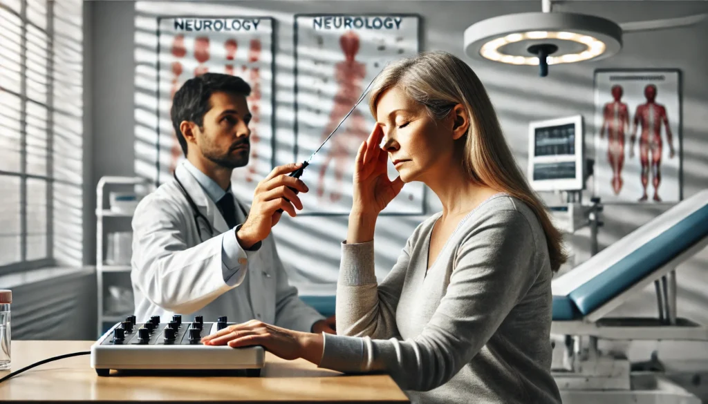 Woman in neurology clinic showing physical symptoms of a person losing their mind