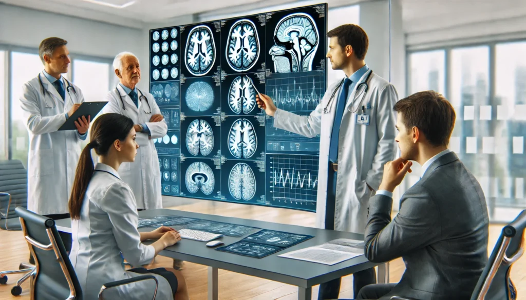 Multidisciplinary doctors diagnosing signs of a person losing their mind using collaborative review