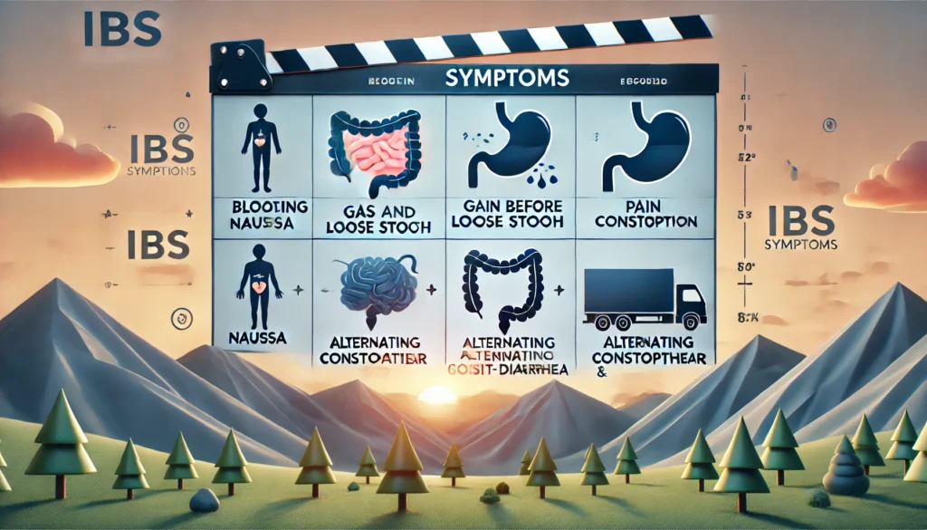 Infographic visualizing common symptoms related to stomach cramps and diarrhea in IBS