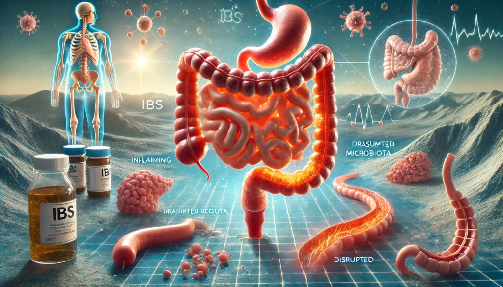 Visual representation of digestive system with spasms and inflammation causing stomach cramps and diarrhea