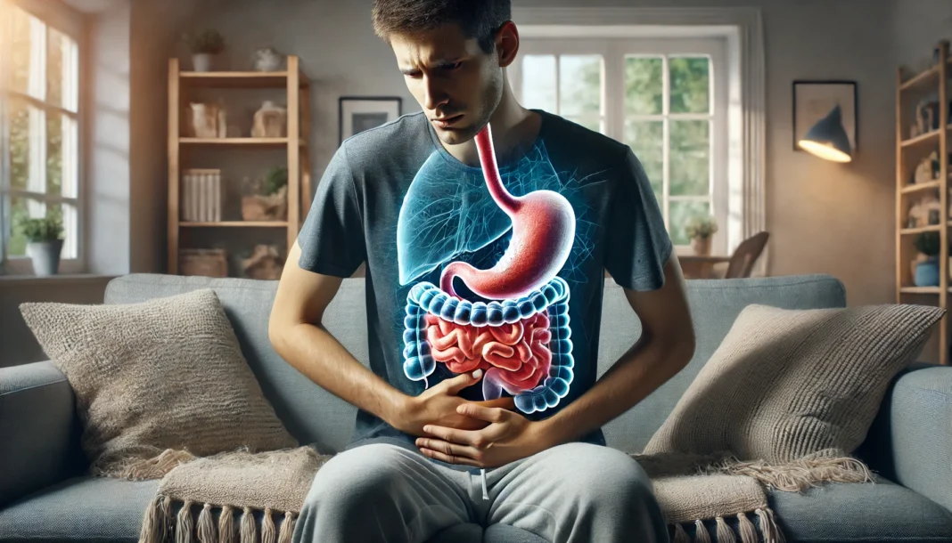 Person experiencing stomach cramps and diarrhea with transparent overlay showing digestive inflammation