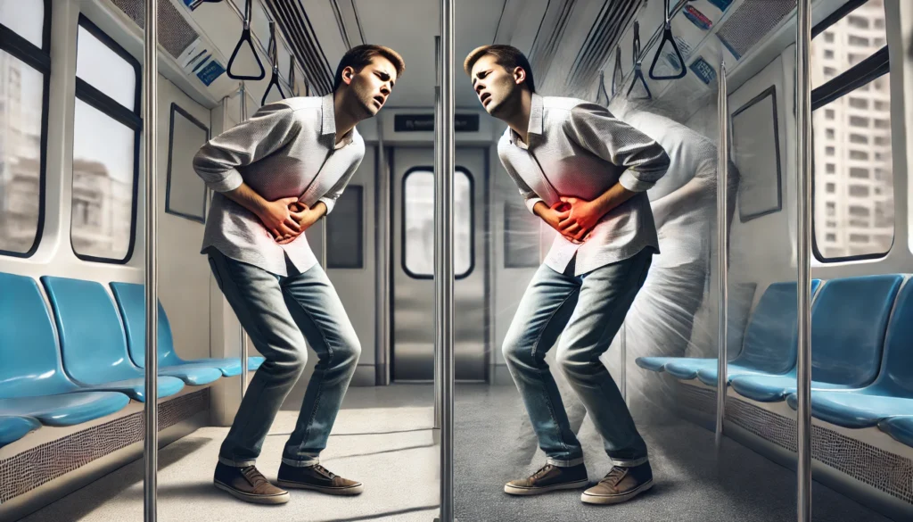 Person experiencing sudden uncontrollable diarrhea in a public space with visible urgency