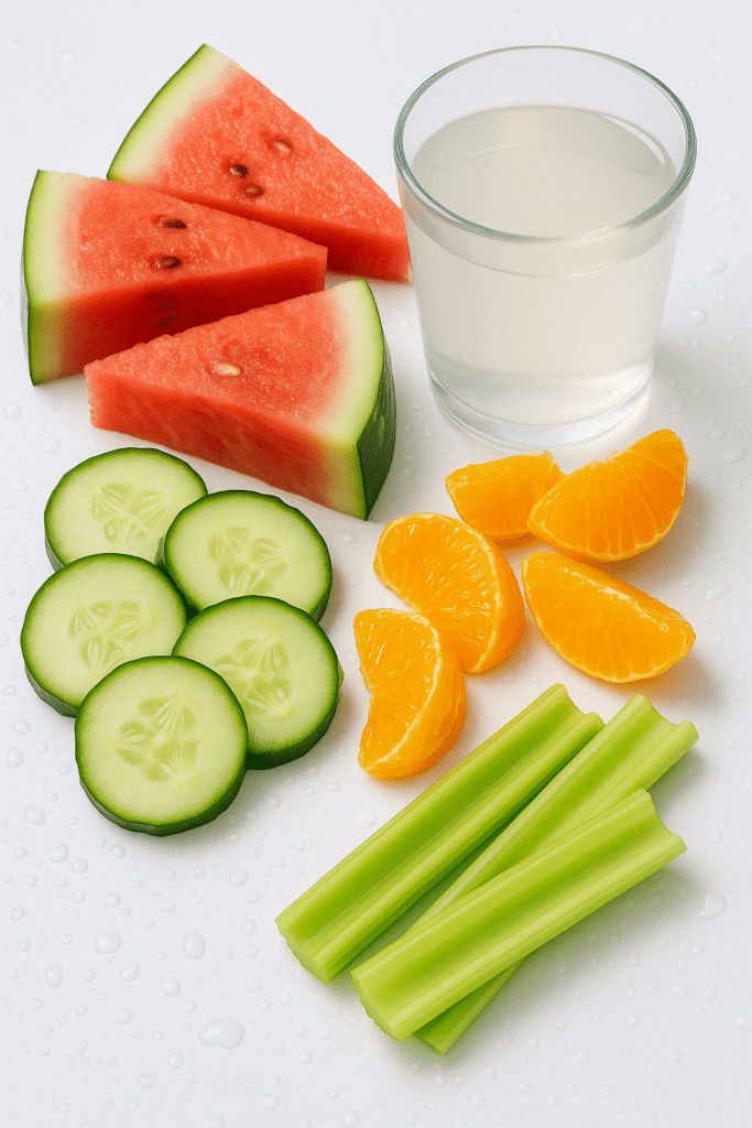 Fresh slices of watermelon, cucumber, orange segments, celery sticks, and coconut water on a white surface showcasing the best diet foods for hydration