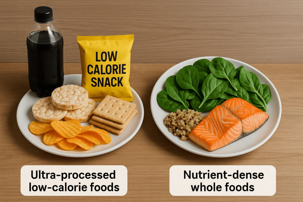 Comparison of ultra-processed snacks and nutrient-rich whole foods like salmon, spinach, and quinoa, highlighting the Best Diet Foods