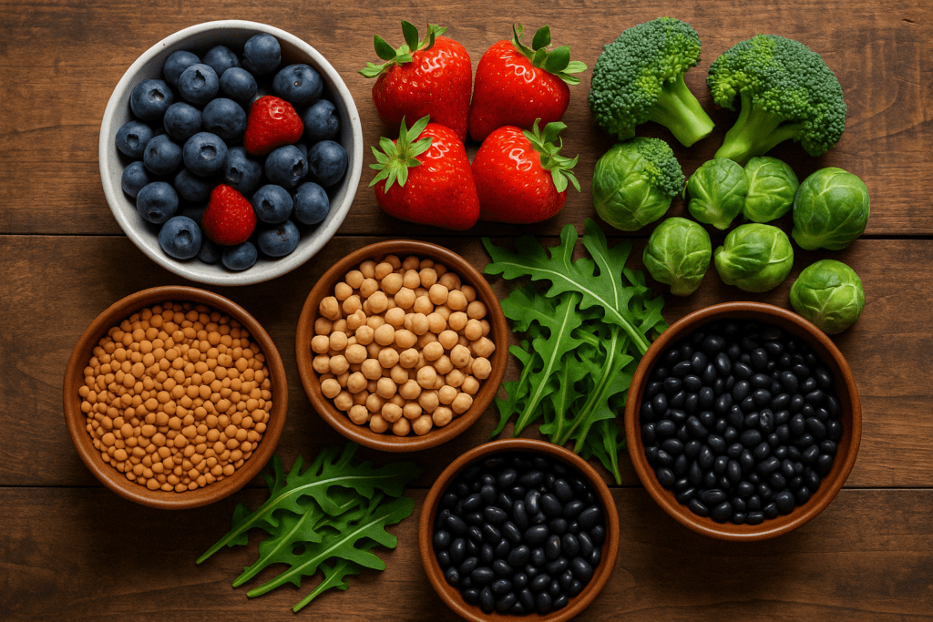 Best Diet Foods like blueberries, strawberries, lentils, chickpeas, arugula, black beans, and cruciferous vegetables on a rustic wooden surface