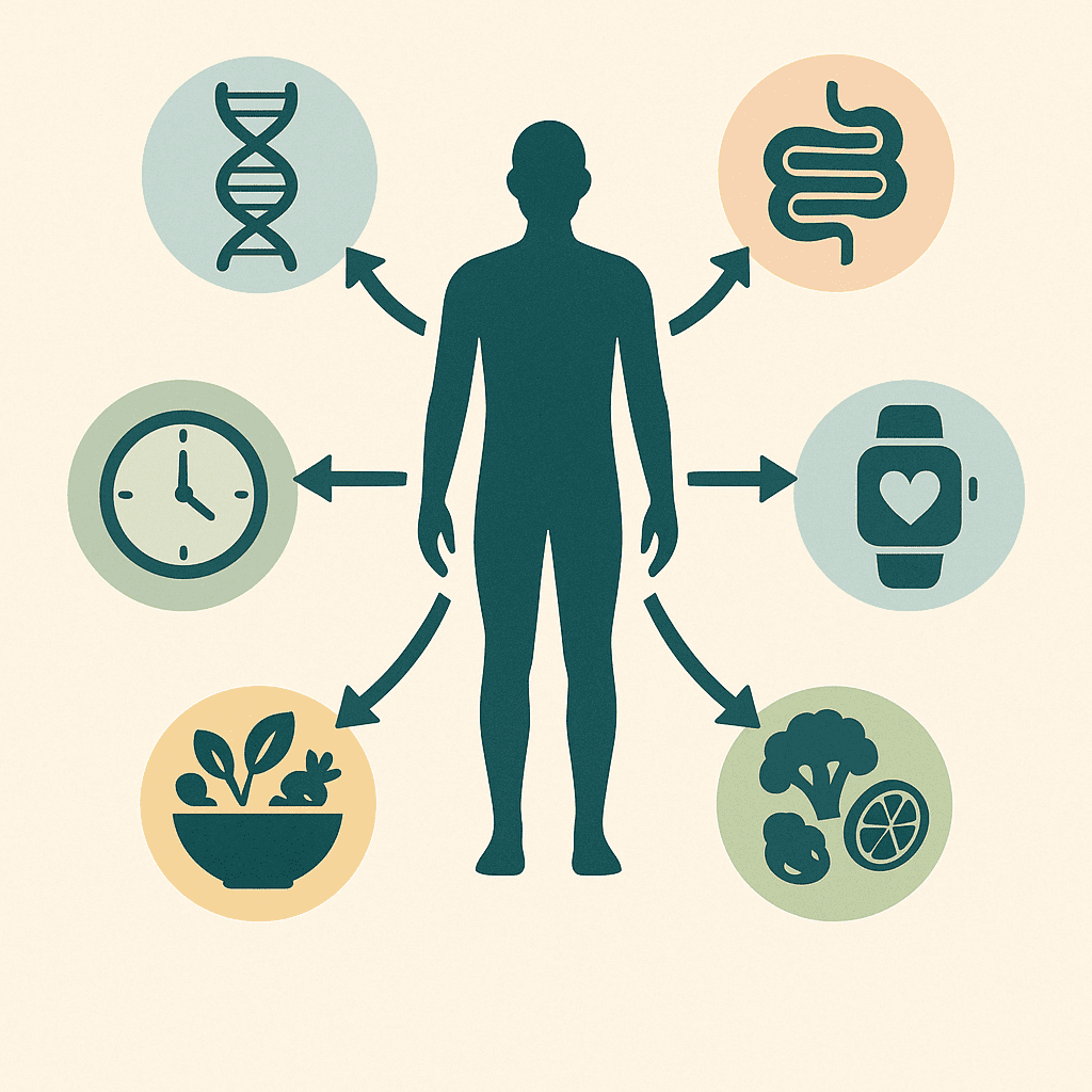 Infographic showing personalized nutrition pathways with icons for genetics, gut health, lifestyle, and best diet foods like vegetables and salads