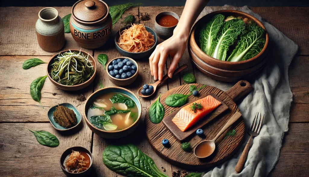 Gut healing diet foods like bone broth, salmon, leafy greens, and fermented vegetables on wooden table