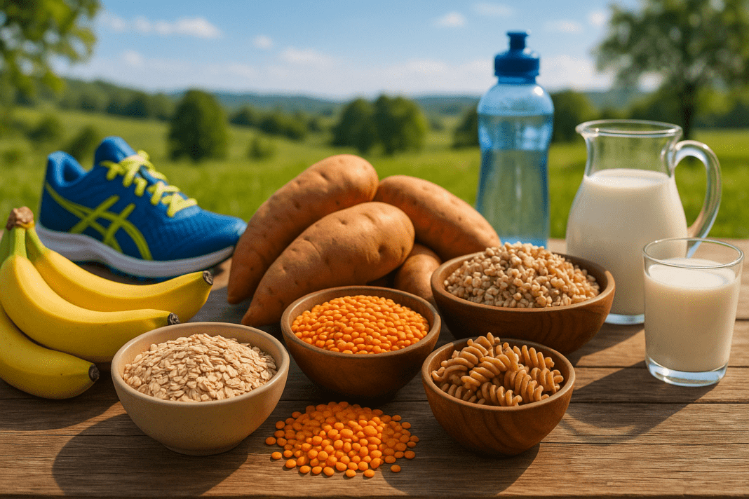 Assortment of glycogen-rich foods like bananas, oats, lentils, sweet potatoes, whole grains, and dairy on a rustic table with running shoes and a water bottle in the background