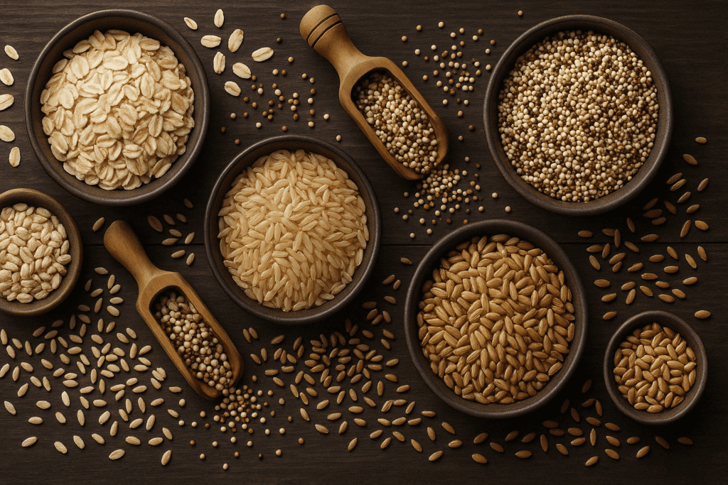 Assorted Glycogen-Rich Foods including oats, quinoa, brown rice, barley, and whole wheat displayed on a dark wooden surface with bowls and scoops