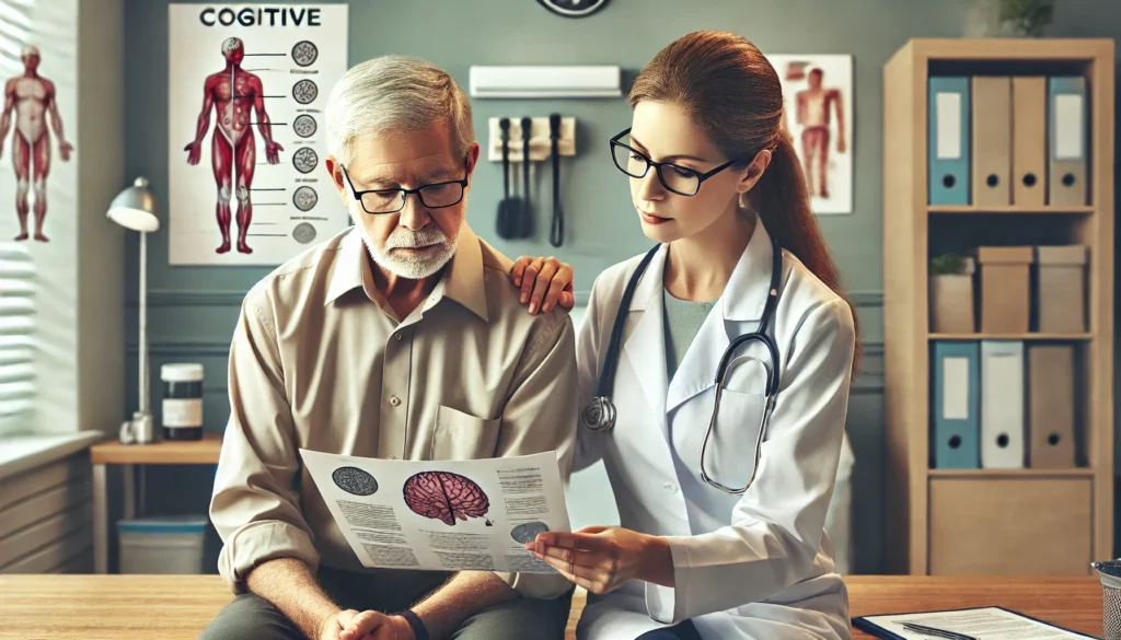 Doctor explaining age related cognitive decline to elderly couple in a medical consultation.