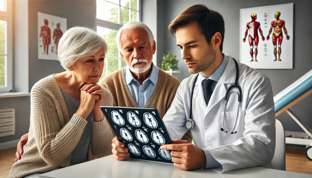 Family member supporting elderly father during early signs of age related cognitive decline.