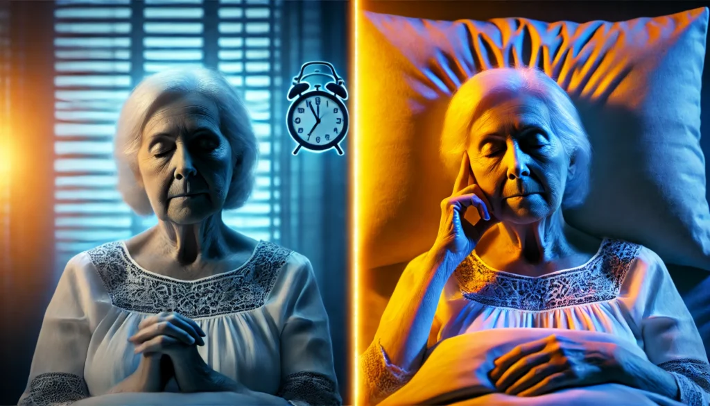 Split image showing elderly woman awake at night and asleep during the day, illustrating circadian disruption in dementia and time confusion.