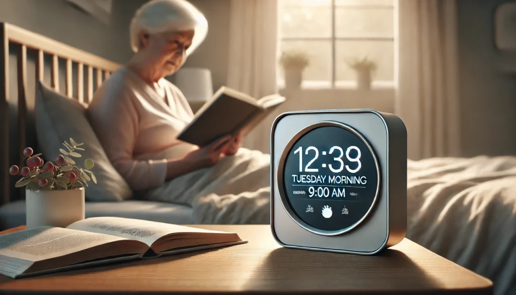 Elderly woman sitting beside a digital day clock designed to assist with dementia and time confusion