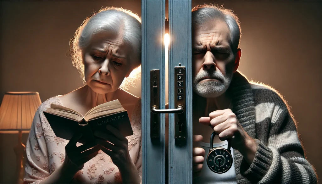 Two elderly people showing different symptoms of memory decline, visually comparing dementia vs Alzheimer symptoms