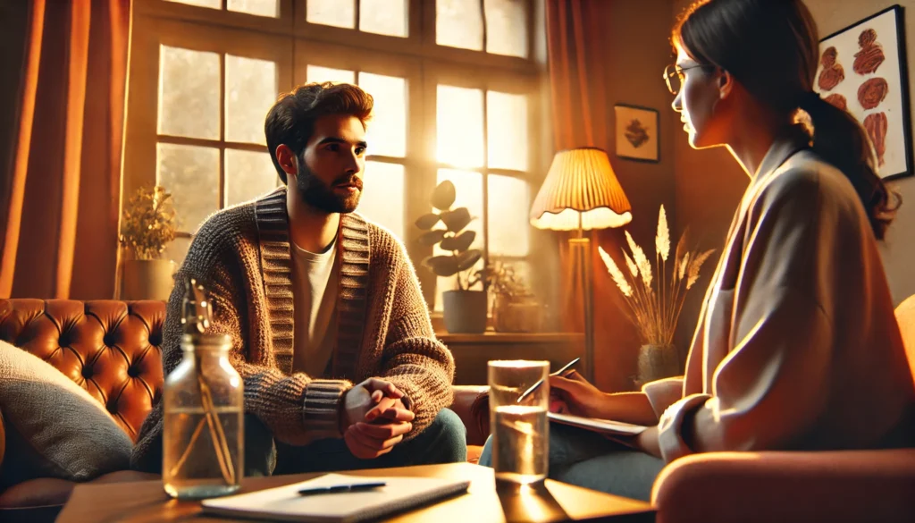 Therapist providing CBT support to help manage symptoms of functional cognitive disorder.
