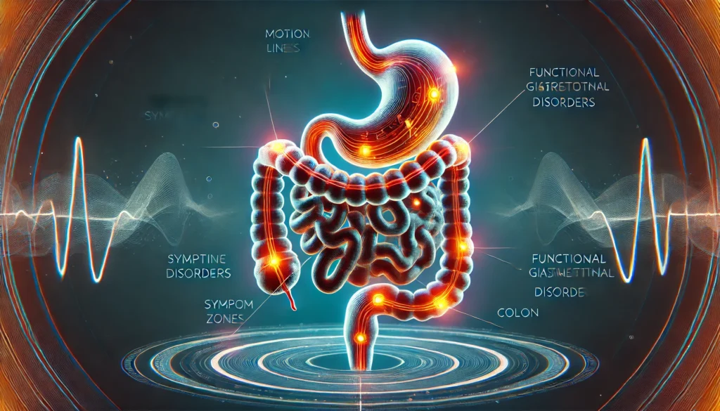 Graphic of GI tract showing symptom zones related to functional gastrointestinal disorders
