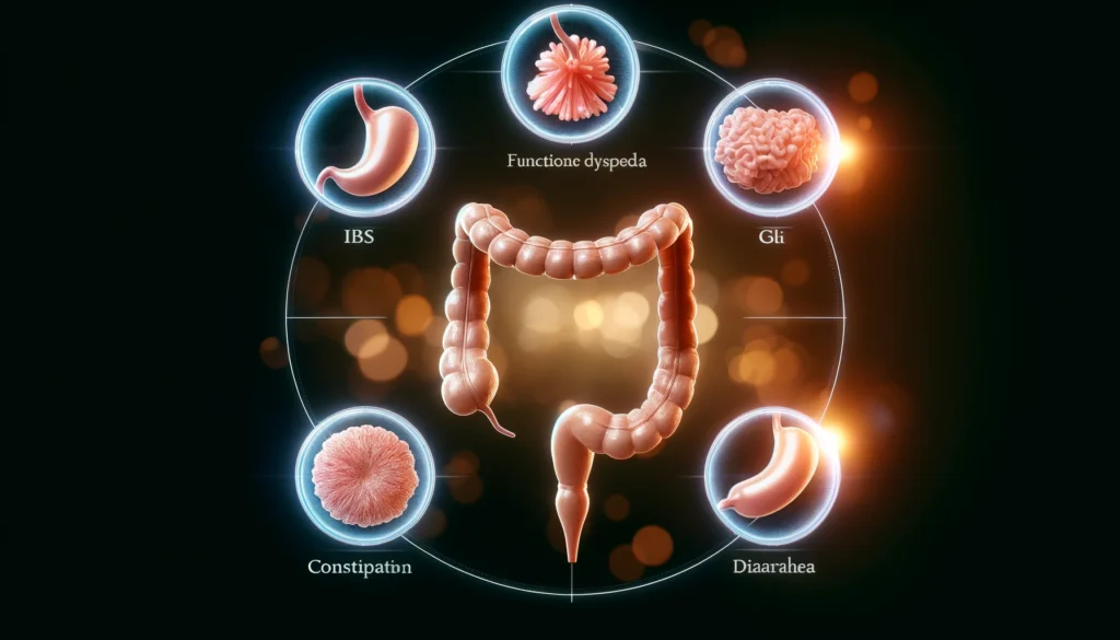 Composite illustration of various types of functional GI disorders including IBS, constipation, and dyspepsia