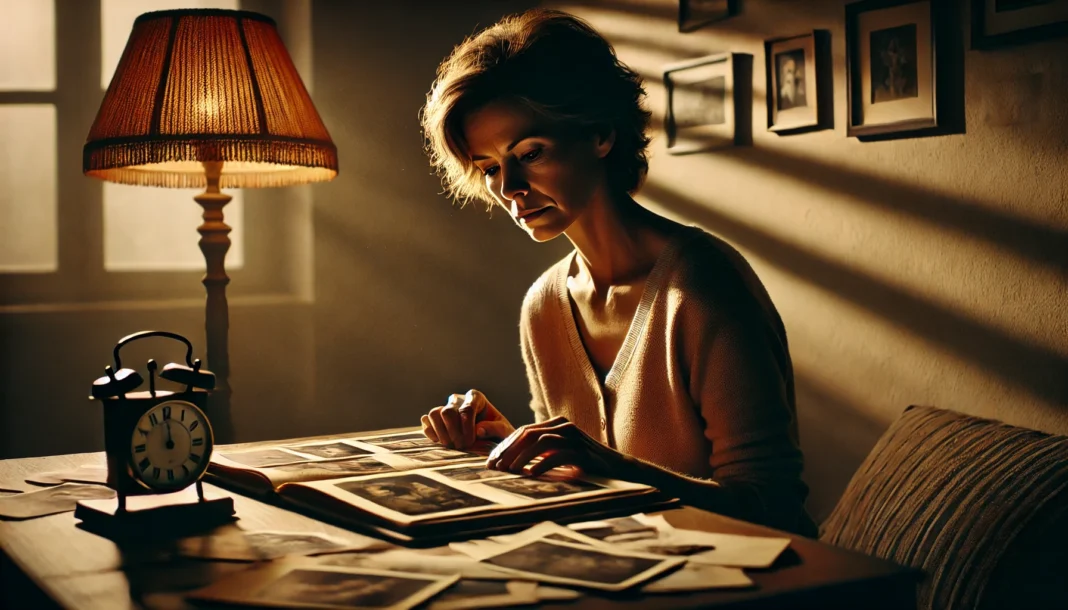 Woman struggling to recall memories while flipping through a photo album, illustrating early signs of memory disorder.