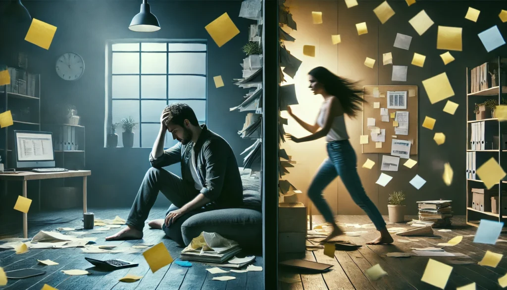 Contrasting scenes of anxiety and depression highlighting how mental illness contributes to memory disorder.