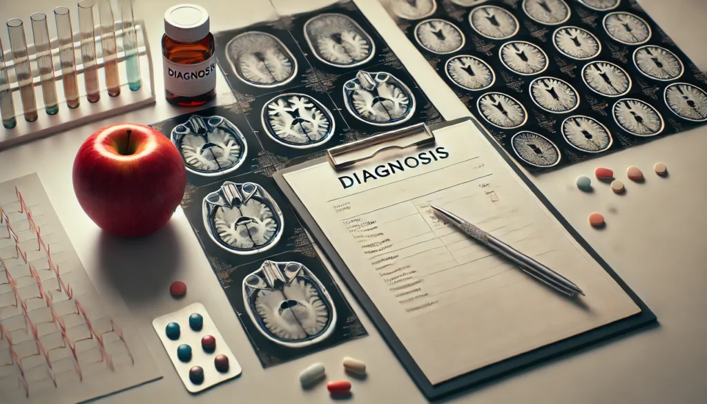 Clinical symbols of brain scans and medication representing diverse causes of memory disorder.