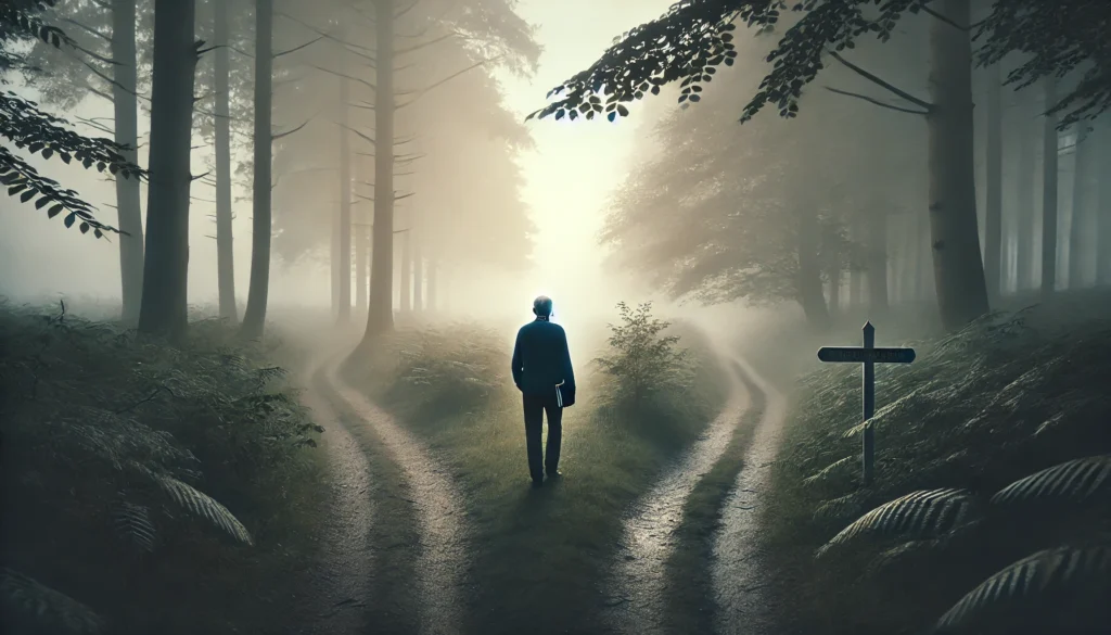 Man walking alone through a misty path, symbolizing the journey and uncertainty of living with a memory disorder.