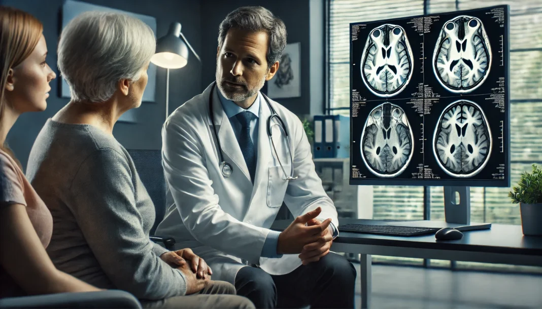 Neurologist discussing scan results with a patient and family, highlighting the theme of neurocognitive problems