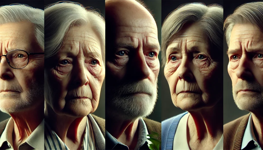 Portraits of individuals with different types of cognitive disorders showing diverse signs of neurocognitive problems