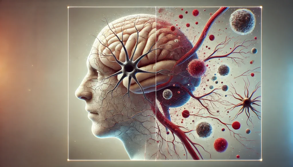 Visual representation of causes of neurocognitive disorder including neurodegeneration, vascular damage, and toxins