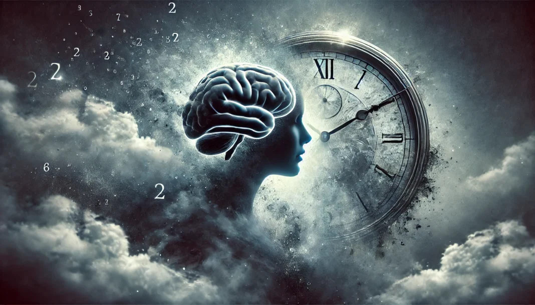Woman’s silhouette fading into a misty clock, symbolizing what stage of dementia is losing track of time.