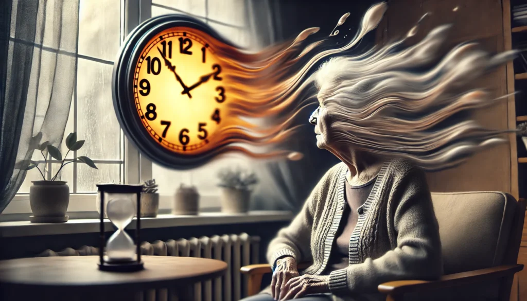Elderly woman facing blurred clock, symbolizing middle stage in what stage of dementia is losing track of time.
