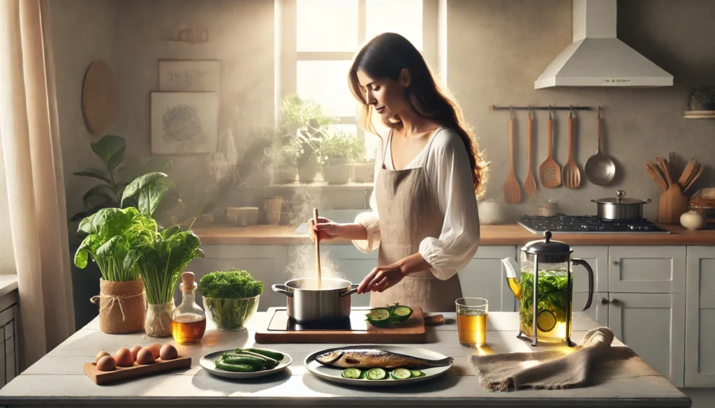 Woman preparing anti-inflammatory meal to manage upper digestive tract issues at home