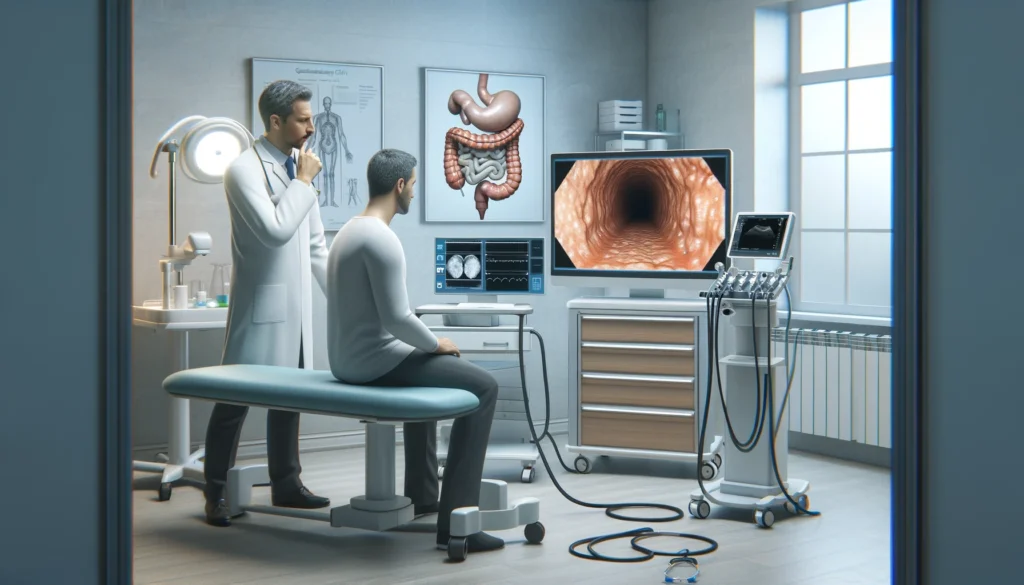 Gastroenterologist explaining gastrointestinal condition diagnosis with endoscopy images