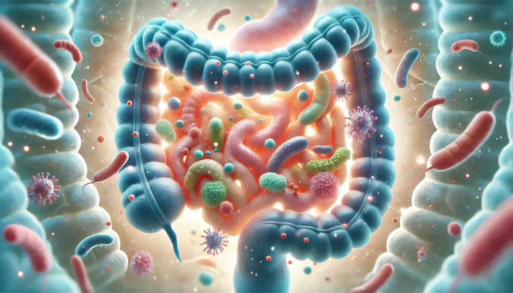 Microscopic view of gut microbiota showing diverse bacteria within the gastrointestinal tract