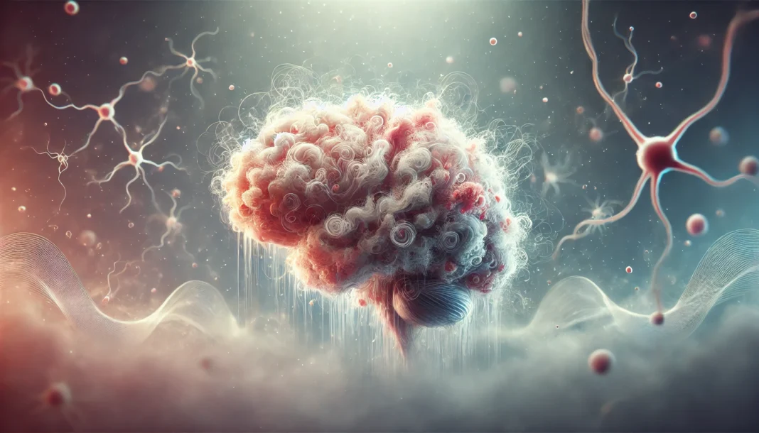 Dissolving human brain with protein strands, symbolizing what is the Alzheimer in a cinematic medical concept
