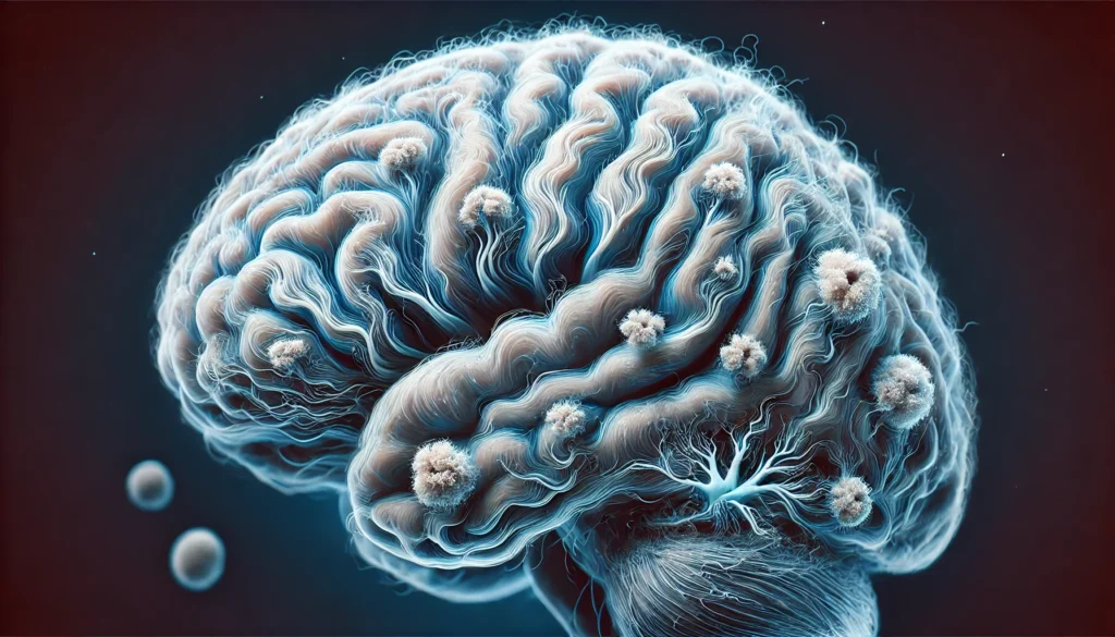 Neural scan visualizing plaques and tangles to illustrate what is the Alzheimer and its early brain effects