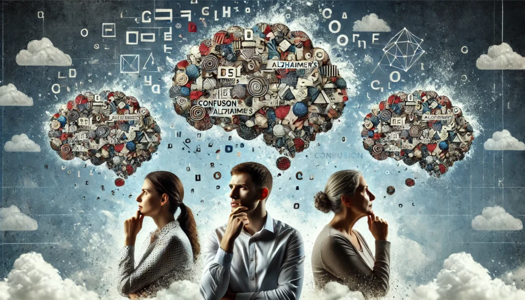 Abstract concept of public confusion about what is the Alzheimer with fragmented terms in thought clouds